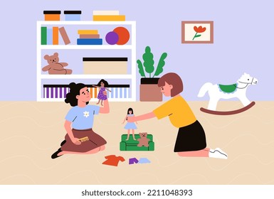 Dos chicas jugando con muñecas, oso de peluche. Hermanas en casa. Niños en la guardería, jardín de infantes. Amigos en la sala de juegos. Ilustración vectorial plana.