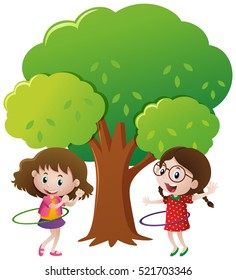Two girls playing hulahoop under the tree illustration