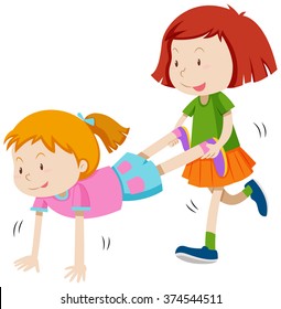 Two girls playing human wheel barrow illustration