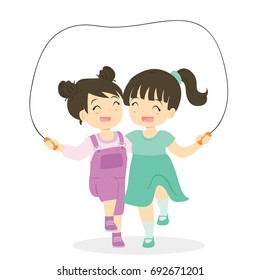 Two girls playing jumping rope while embracing each other cartoon vector