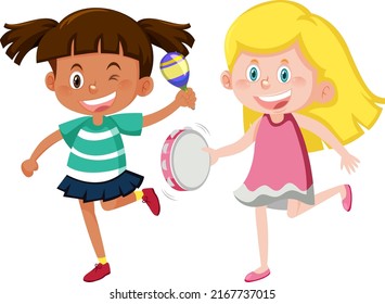 Two girls playing maracas and tambourine illustration