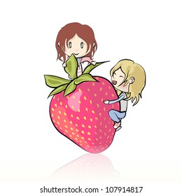 Two girls playing with a nice strawberry. Vector illustration.