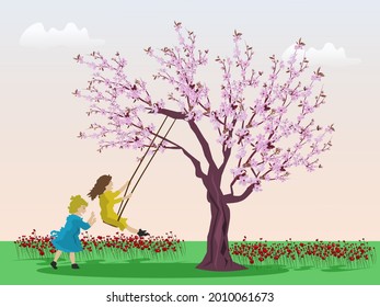 Two girls are playing on a swing under the cherry tree, there is a green field and a pink sky in the background.