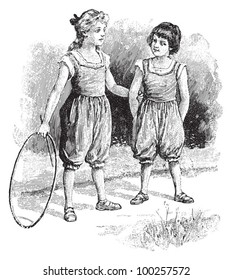 Two girls playing outside with hula hoop / vintage illustration from Die Frau als hausarztin 1911