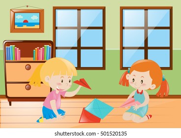 Dos niñas jugando papeles en la ilustración de la casa