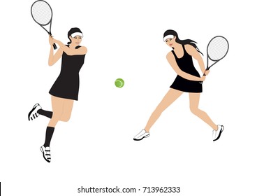 two girls playing tennis - isolated on white background - art creative vector