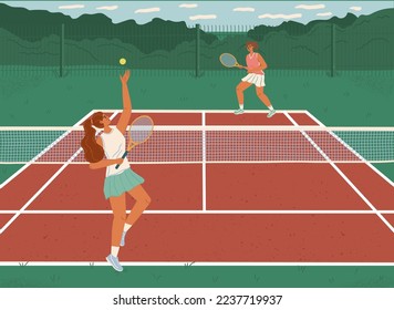 Two girls playing tennis on clay court vector illustration. Woman tennis players with rackets play in tournament