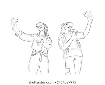 two girls playing in VR games storyboard illustration