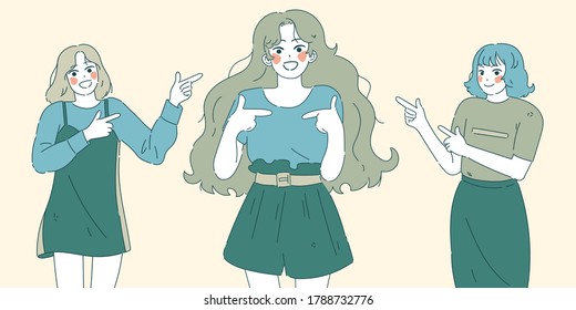 Two girls point to the third, smile. Successful girl looks confident, is proud, points to herself with both hands. Set of young cartoon cheerful characters in Asian comic style, flat design.