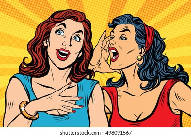 two girls pop art scream, retro vector illustration. Rumors and news