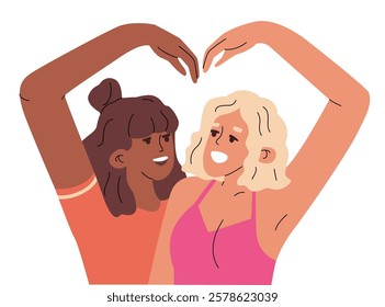 Two girls posing for a photo making a heart gesture with their hands. Instant photo from a photo machine. Joyful friendly relations. Vector illustration.