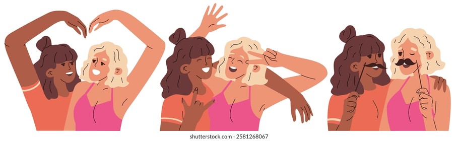 Two girls posing for a series of photos. Instant photo from a photo machine. Joyful and strong friendship. Happy youth. Fun at a party. Vector illustration.