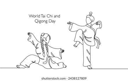 Two girls practicing Tai Chi. A traditional Chinese practice that combines movement with breathing and meditation. World Tai Chi and Qigong Day. Vector.