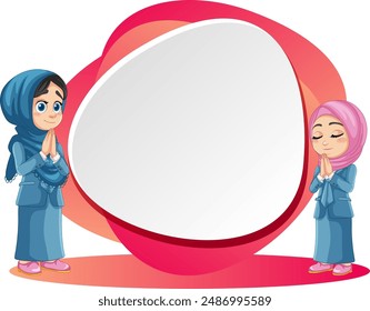 Two girls praying with a blank sign