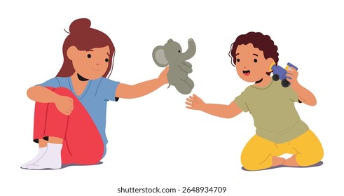 Duas meninas crianças pré-escolares personagem de desenho animado trocando brinquedos durante a ilustração vetor jogo divertido. Crianças compartilhando brincadeiras demonstrando amizade, relação positiva. Comunicação de Playmates