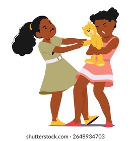 Duas meninas crianças pré-escolares personagens de desenhos animados puxando ursinho de pelúcia brinquedo demonstrando comportamento agressivo isolado em branco. Problemas entre comunicação infantil e má ilustração vetorial de disciplina