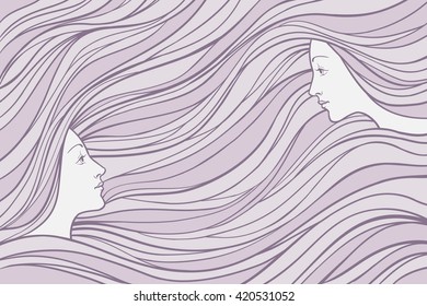 Two girl's profile on wavy hair background, vector linen illustration for banner, card, cover.