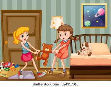 Two girls pulling teddy bear in bedroom illustration