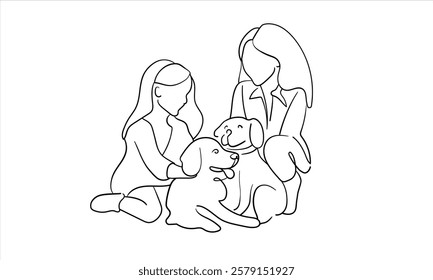 Two Girls and two puppies continuous line art drawing isolated on white background. Vector illustration	