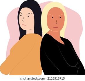 Two girls in a quarrel and offended at each other. TWO GIRLS HAD A FIGHT. now they are at odds and resent each other. they are very unhappy with their behavior. vector illustration.