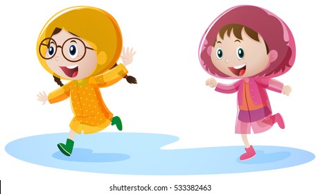 Two girls in raincoat running illustration