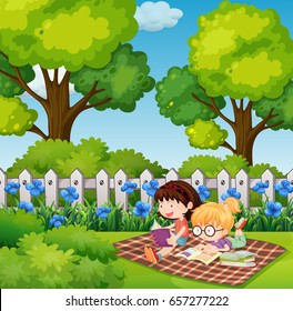 Two girls reading in backyard illustration