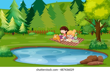 Two girls reading book by the pond illustration