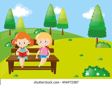 Two girls reading book in park illustration