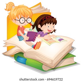 Two Girls Reading Books Illustration Stock Vector (Royalty Free ...