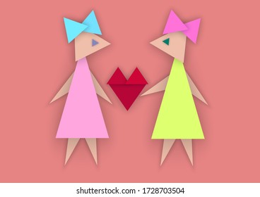 Two girls with a red heart in the middle, lgbt love concept in abstract style of paper cut from triangles