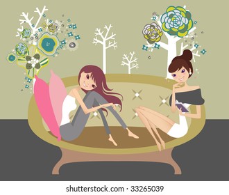 two girls relaxing at the sofa