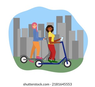 Two girls ride electric scooters. Friends, relatives or a couple are walking.