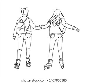 Two Girls ride on Roller skates, Rear view. Girls in jeans Ride on rollers. Modern flat Vector illustration on white background, outline.