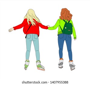 Two Girls ride on Roller skates, Rear view. Blonde and Redhead in jeans ride on rollers. Modern flat Vector illustration on white background.