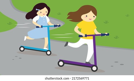 two girls ride scooters in the park