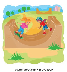 Two girls ride using rollerblades and skateboard