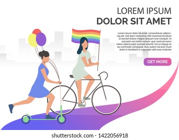 Two girls riding bike and scooter and holding LGBT flag and balloons. Lesbian, gay, activity. Homosexuality concept. Vector illustration can be used for presentation slides, landing pages, posters