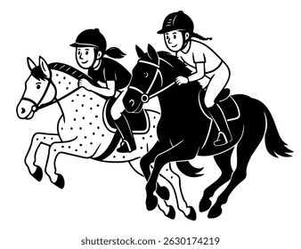 Two girls riding horses in a race, in black and white cartoon style