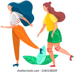 Two girls rollerblading. People ride rollerblades together. Summer sports. Friends sliding roller skates on asphalt. Extreme hobby and outdoor recreation. Type of active leisure, teenage couple