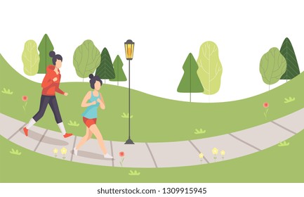 Two Girls Running in Park, Young Women Doing Physical Activities Outdoors, Healthy Lifestyle and Fitness Vector Illustration