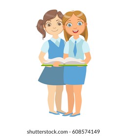 Two Girls In School Uniform Standing Reading A Book Together, Part Of Kids Loving To Read Vector Illustrations Series