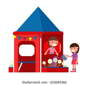 Two girls, schoolgirls play in a toy house. Vector illustration. Flat style design. Isolated on a white background.