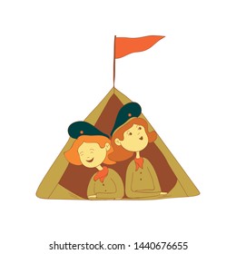 Two girls scouts in a tent. Vector illustration on white background.