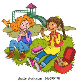 Two girls sharing lunch. School activities. Back to School isolated objects on white background. Great illustration for a school books and more. VECTOR. 