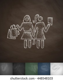 Two girls with shopping bags icon. Hand drawn vector illustration