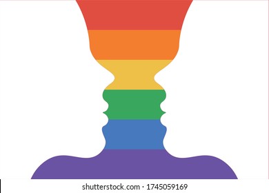 Two girls silhouette on the rainbow LGBT flag color they look at each other. White silhouette with copy space for design or text. Pride and LGBT concept. Flat vector illustration