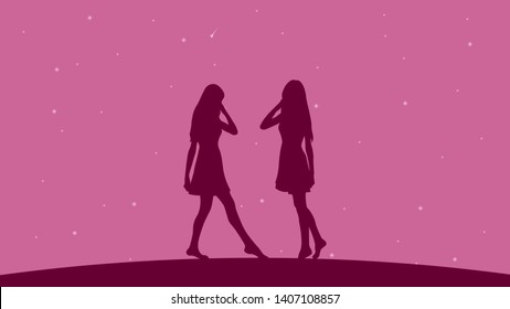 Two girls silhouettes on the starry sky background vector design