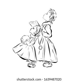 Two girls sing Christmas song wearing in wear fur coat with fur collar and cuffs. Kids different age and height. Coloring page. 