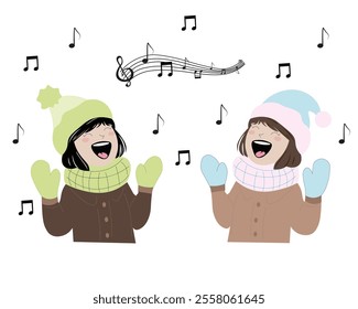 Two girls singing joyfully while wearing winter hats and scarves