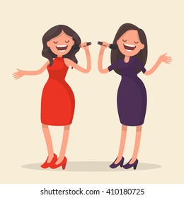 Two Girls Singing. Karaoke. Vector Illustration